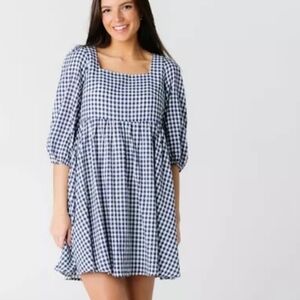 Brass & Roe Blue Gingham Babydoll Dress With 3/4 Sleeves